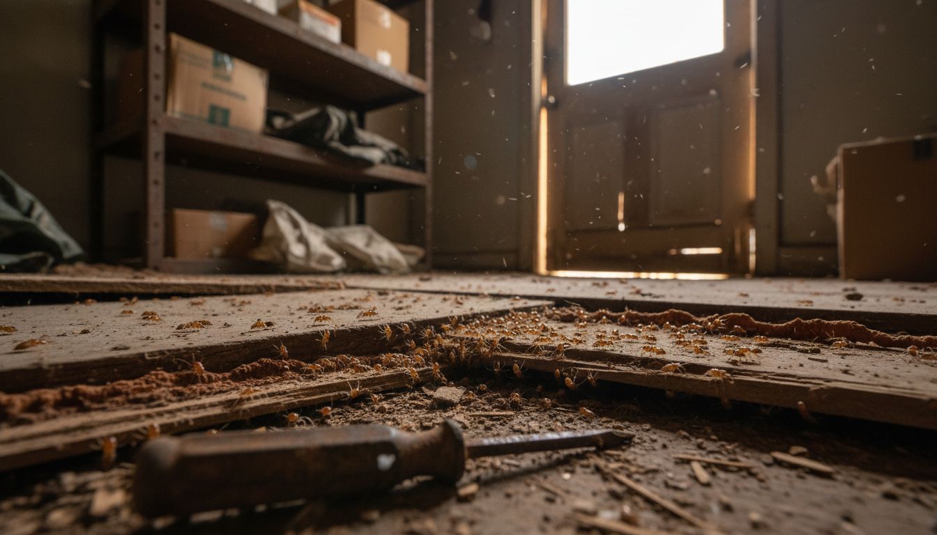 Termites infesting business floorboards close-up