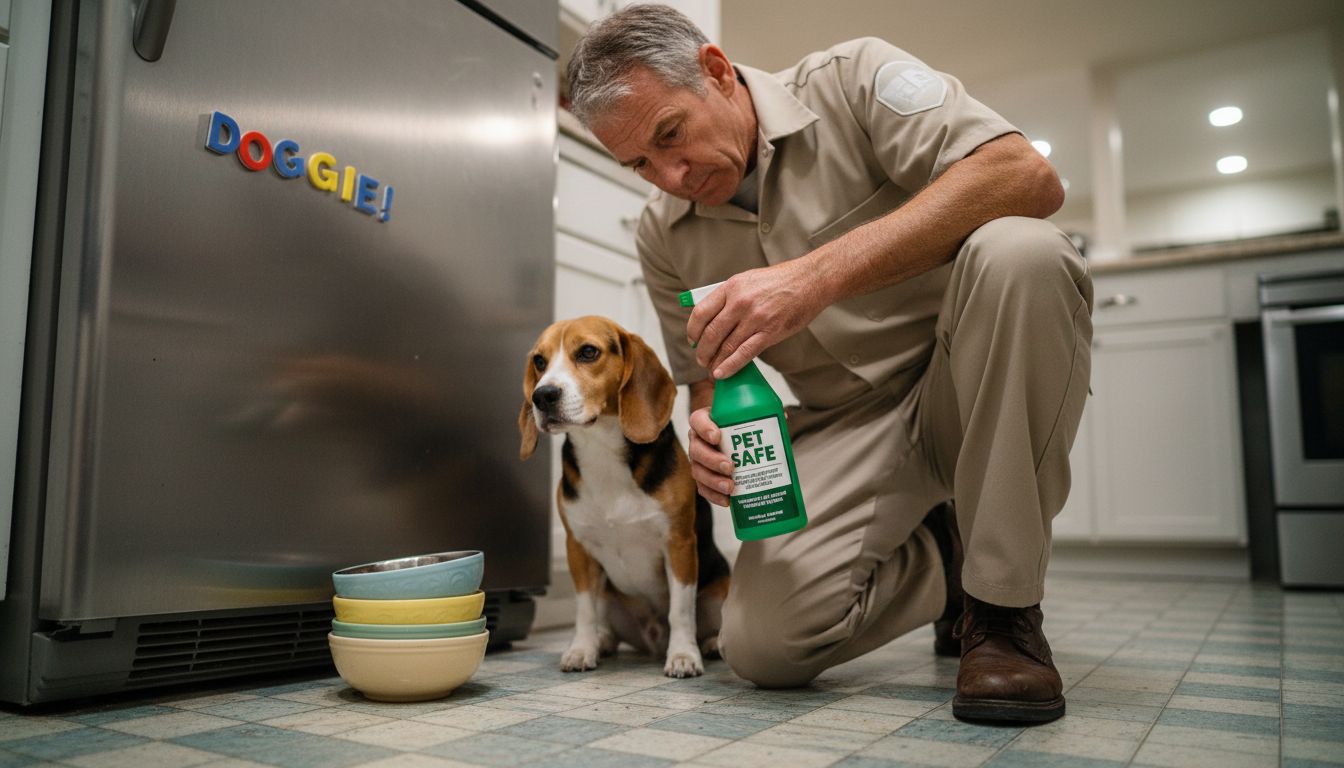 Technician prepping pet-safe pest treatment in kitchen