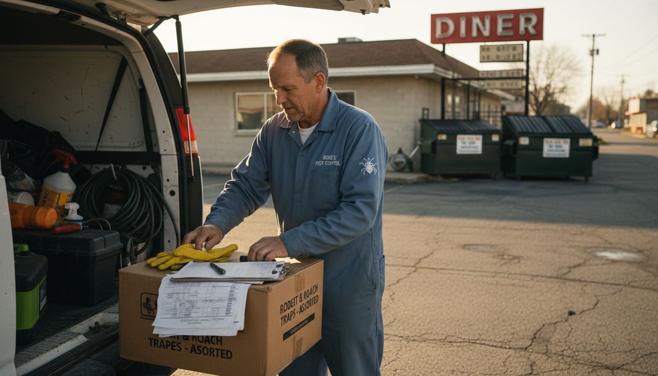 Pest professional arranges tools at job site