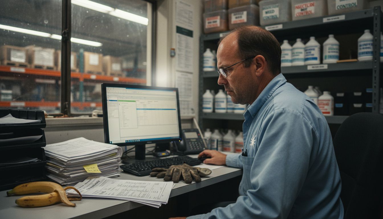 Manager reviewing pest control paperwork in warehouse