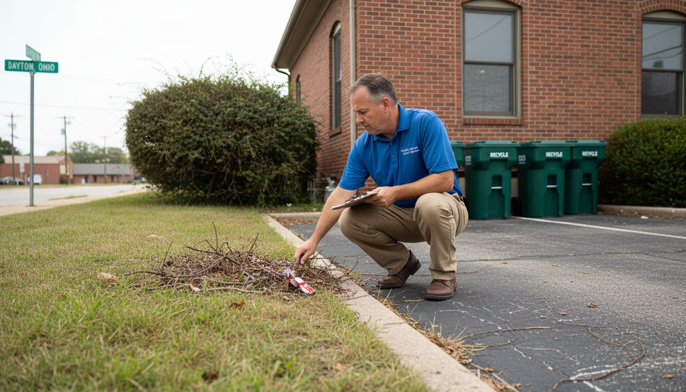 Manager inspecting office building for pests
