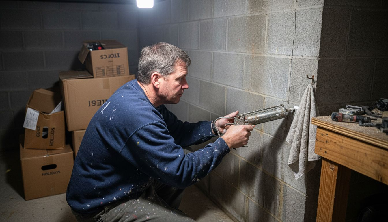 Sealing basement wall crack with caulking gun