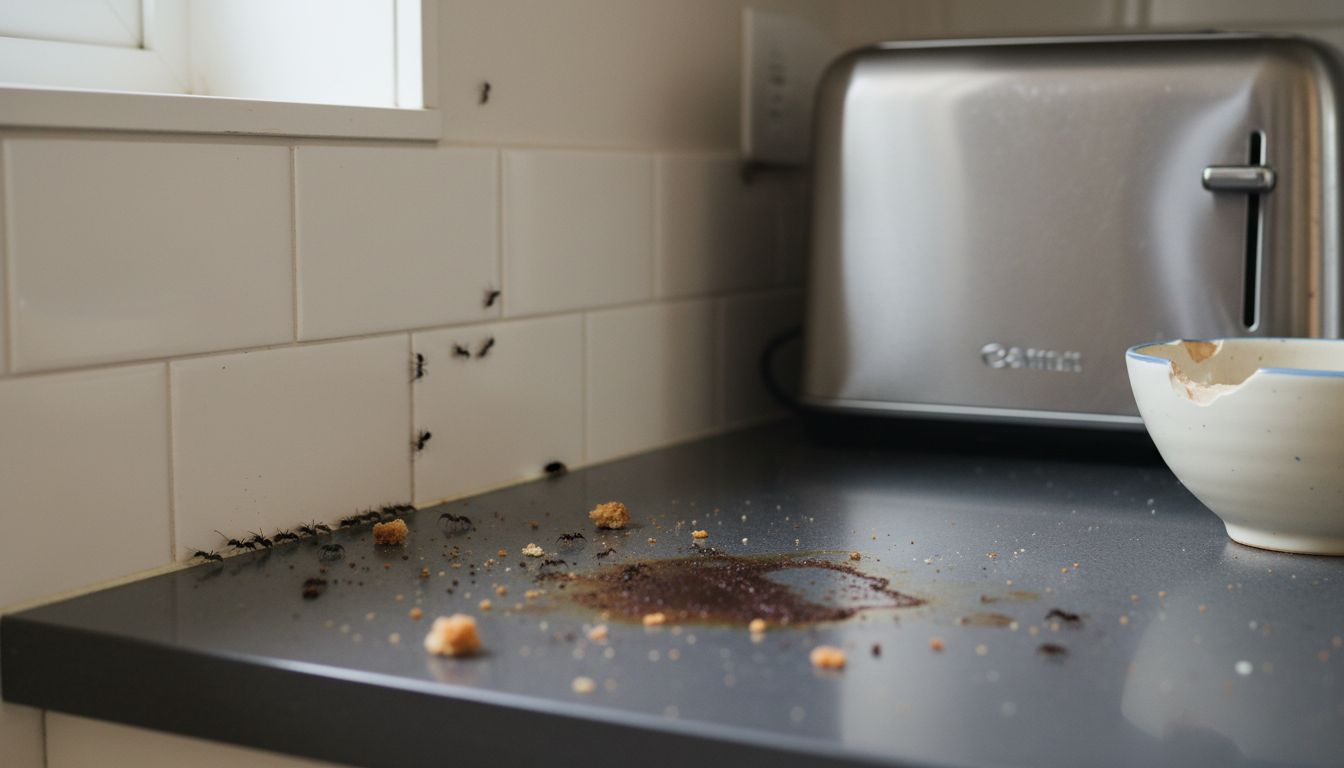 Carpenter ants on messy kitchen counter