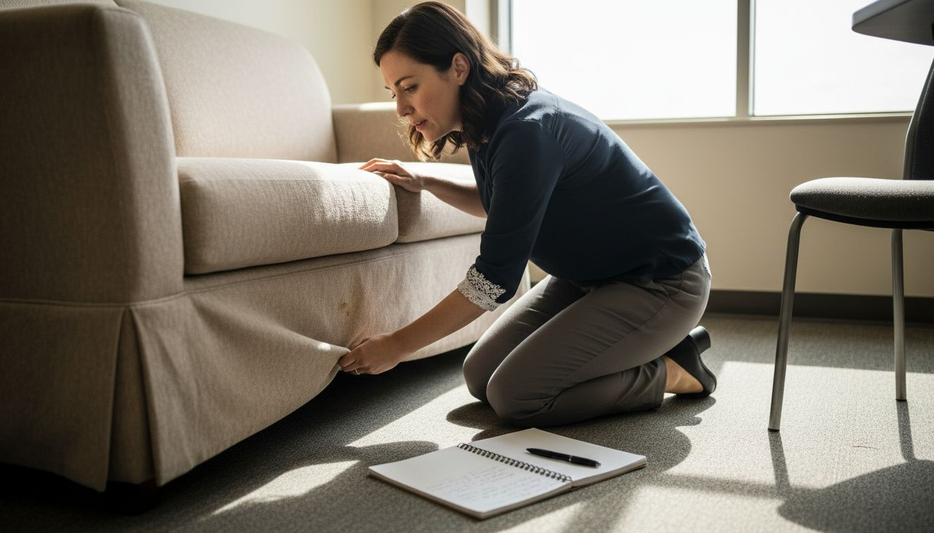 Office worker looking for bed bugs under couch