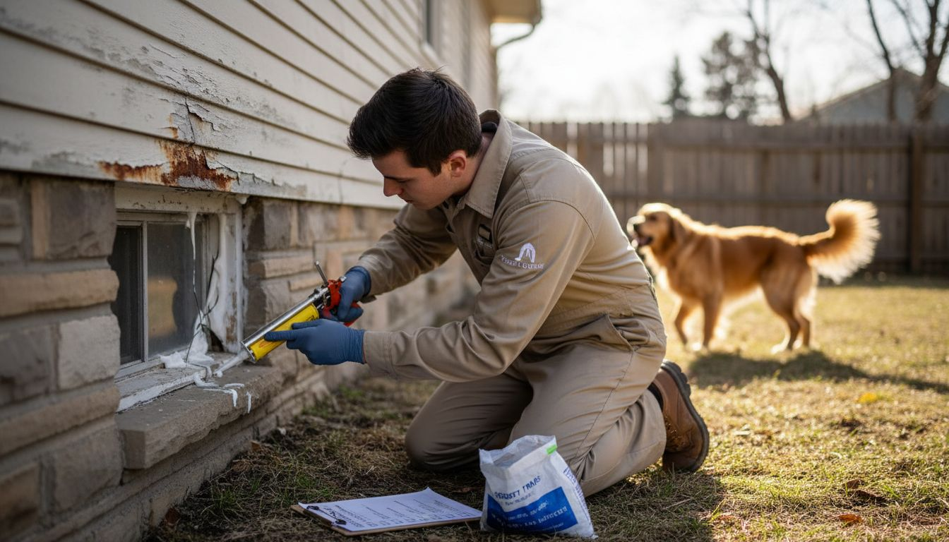 Technician sealing pest entry point at Ohio home