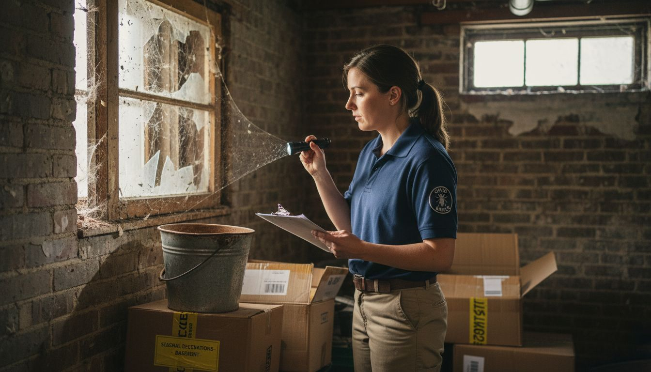 Inspector examines window for pest entry points
