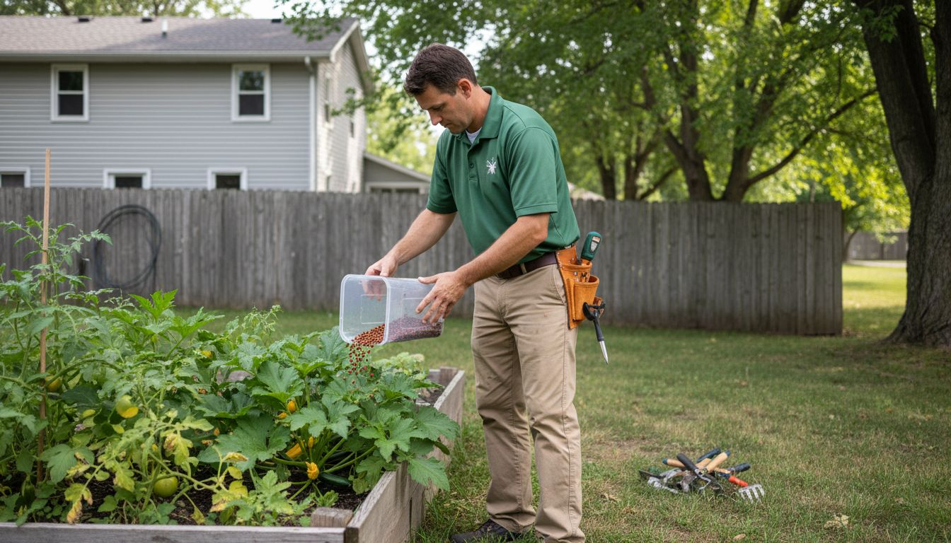 Technician releases ladybugs in garden bed