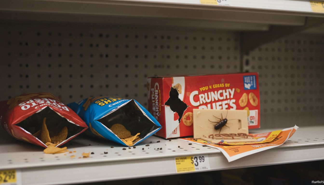Retail shelf with pest evidence and damage