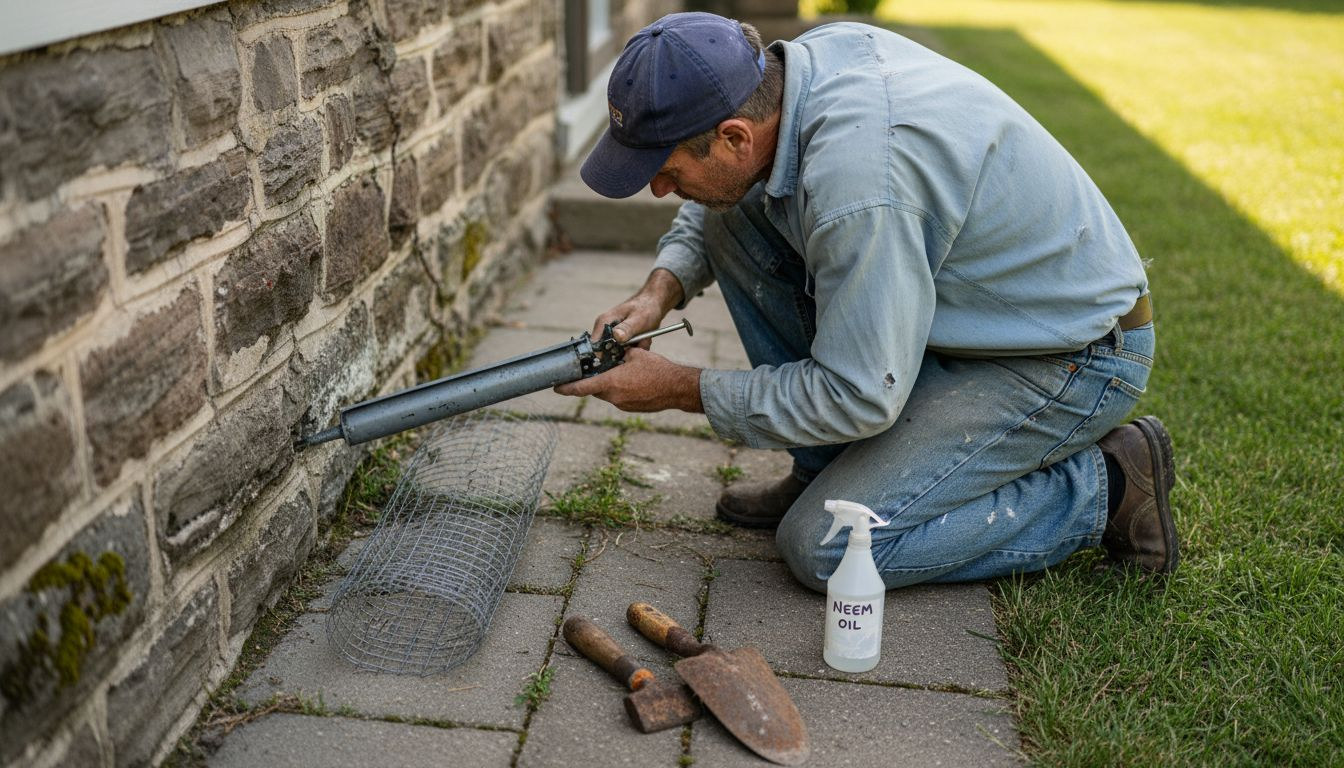 Homeowner sealing gaps for eco pest control