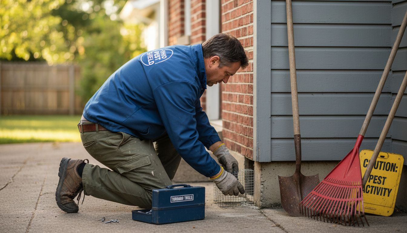 Worker sealing rodent entry point on home