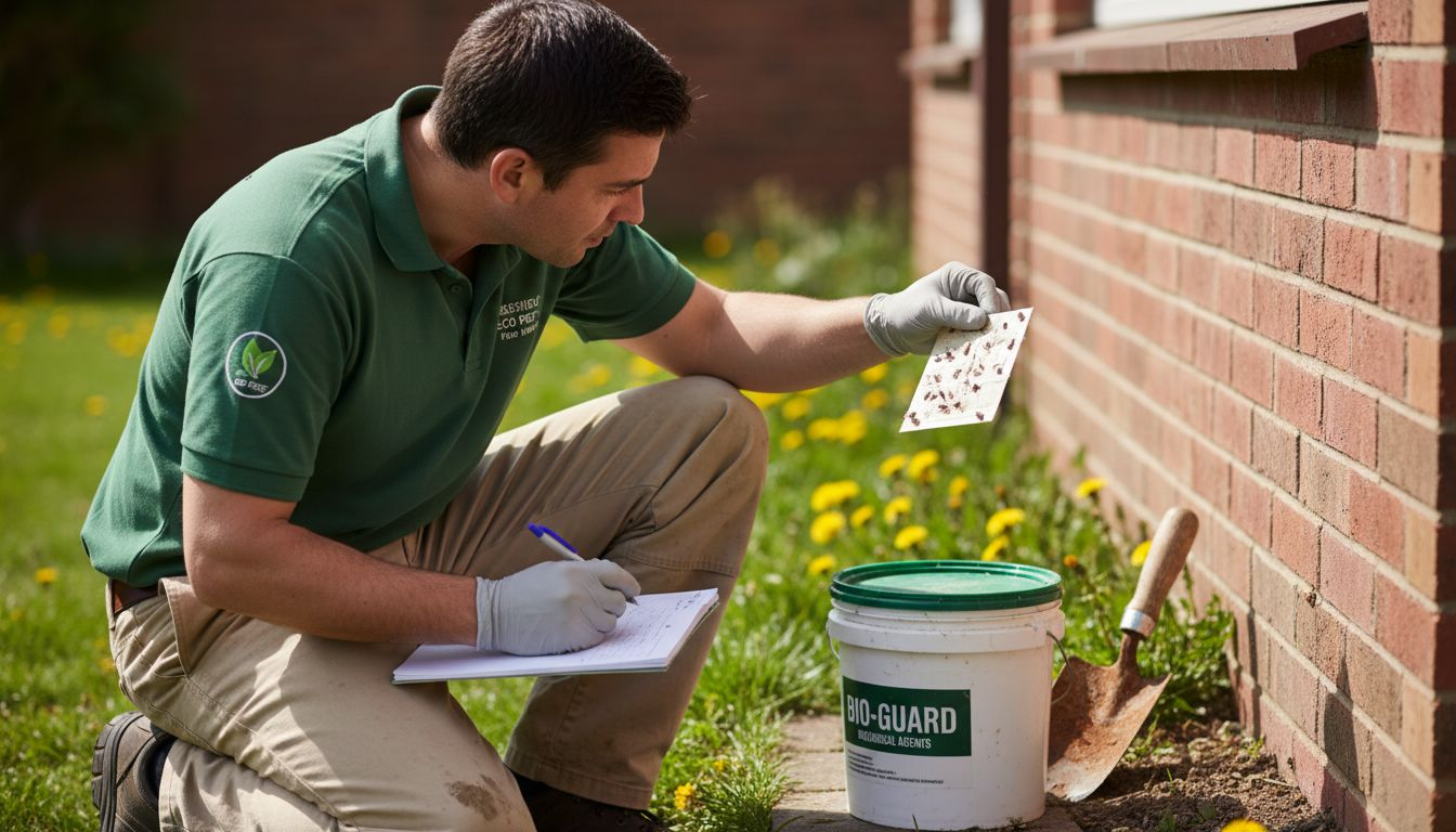 Technician inspects eco-friendly pest trap outdoors