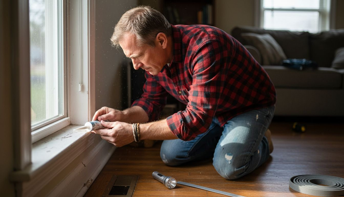 Homeowner sealing window crack to prevent ants