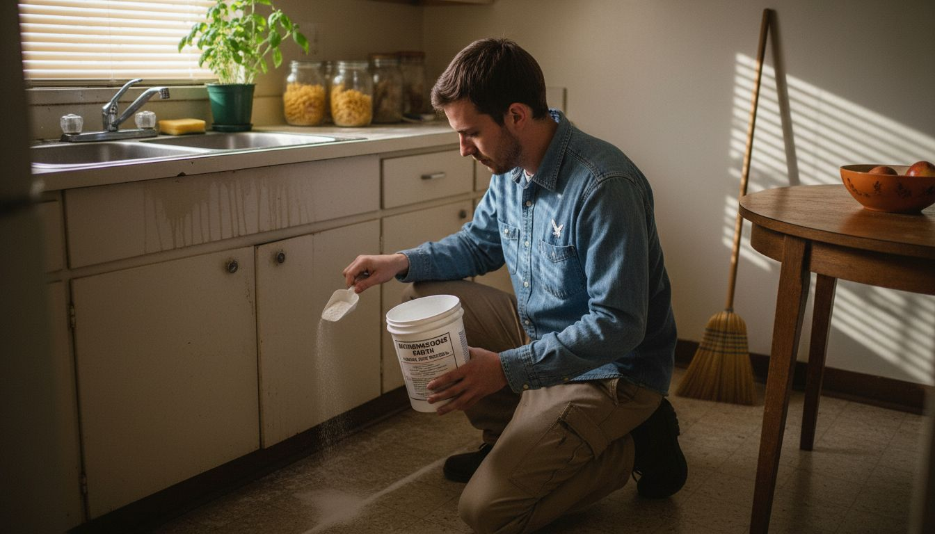 Homeowner applying eco-friendly pest powder in kitchen