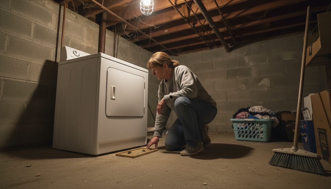 Person checking pest trap in home basement