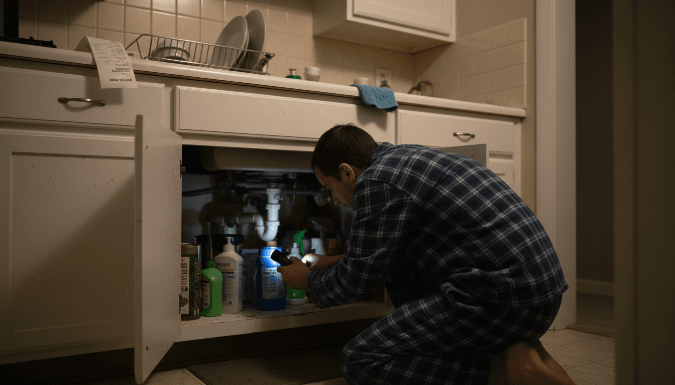 Person inspecting kitchen cabinet for rodent signs