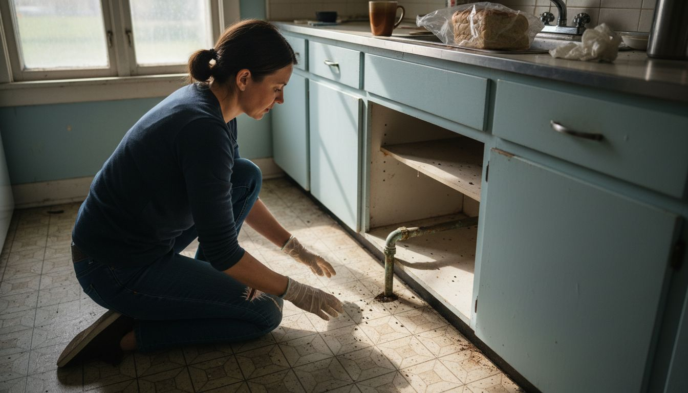Woman finds mouse droppings in kitchen cabinet