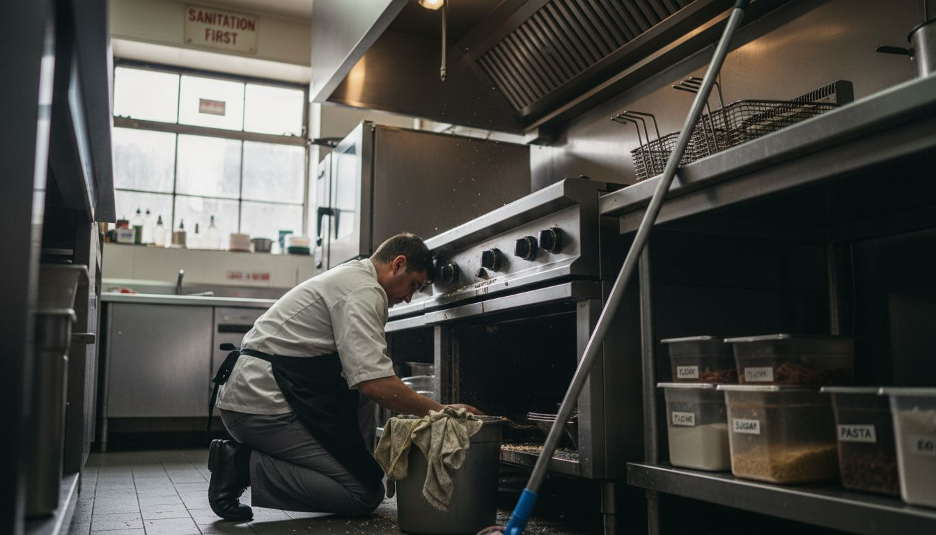 Staff cleaning under equipment for pest prevention