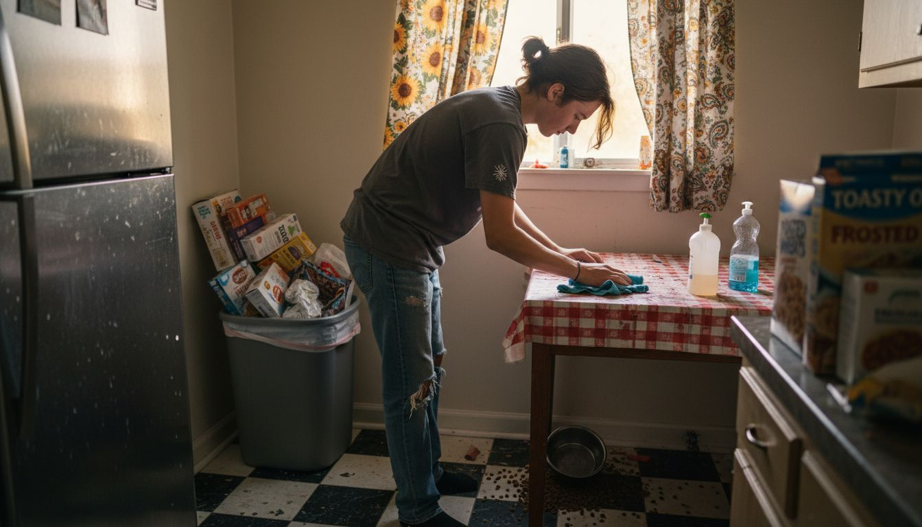 Person cleaning kitchen to prevent pests