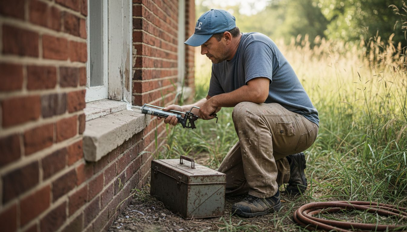 Homeowner sealing basement window entry point
