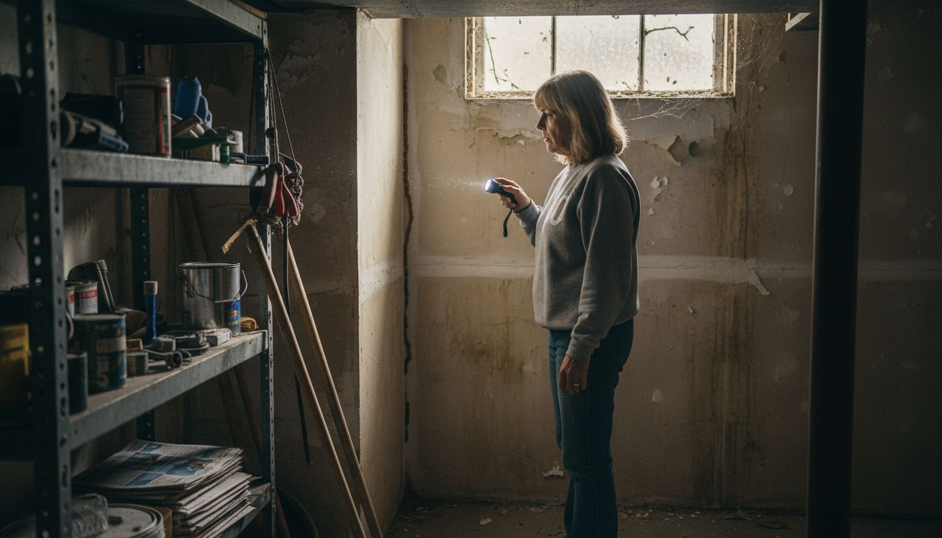 Homeowner inspecting basement termite damage