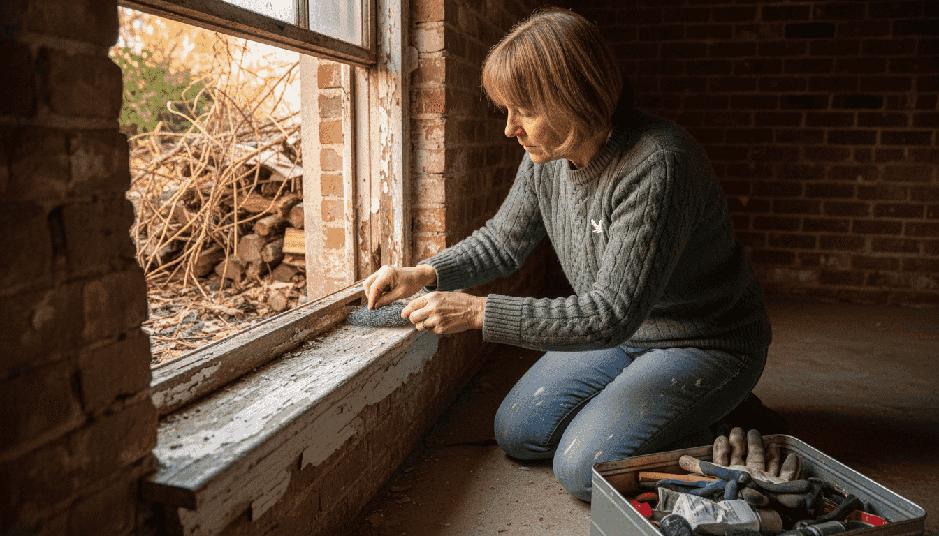 Woman sealing basement to block pests