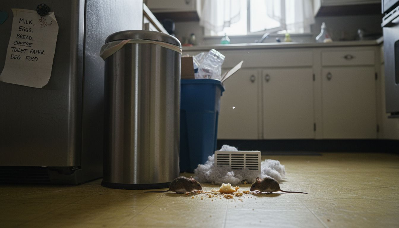 Mice found behind kitchen trash can indoors