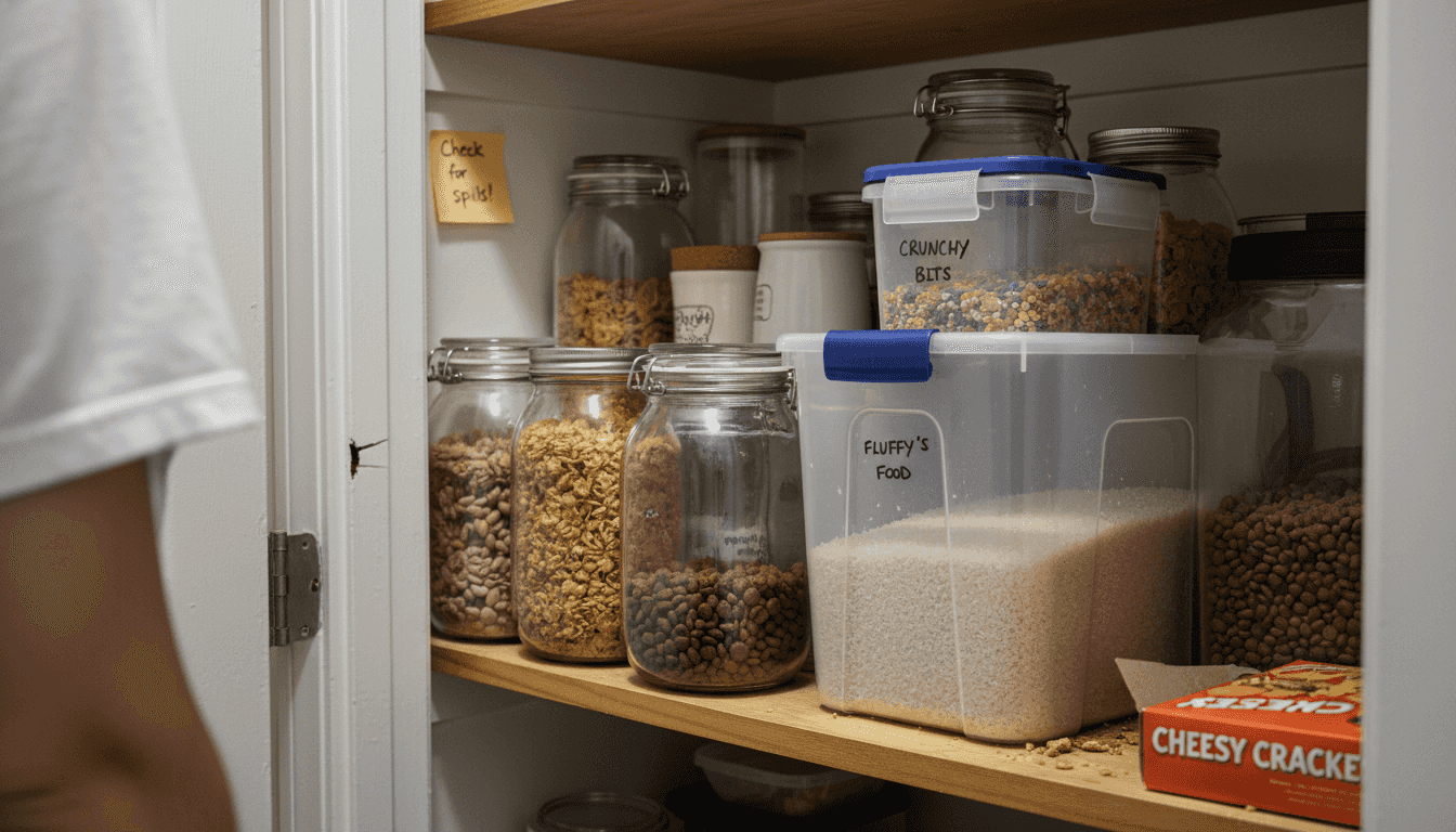 Sealed food containers on pantry shelf