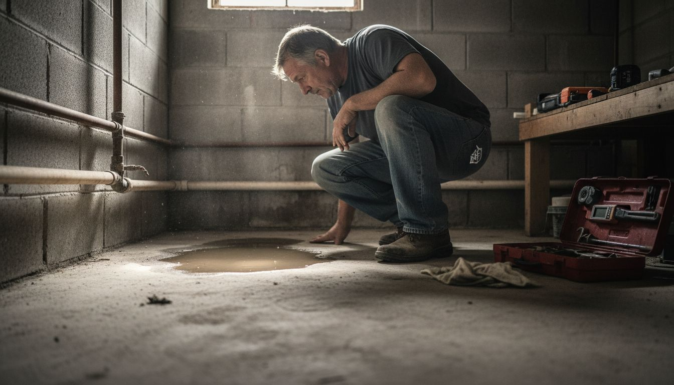 Man checking damp basement for pests