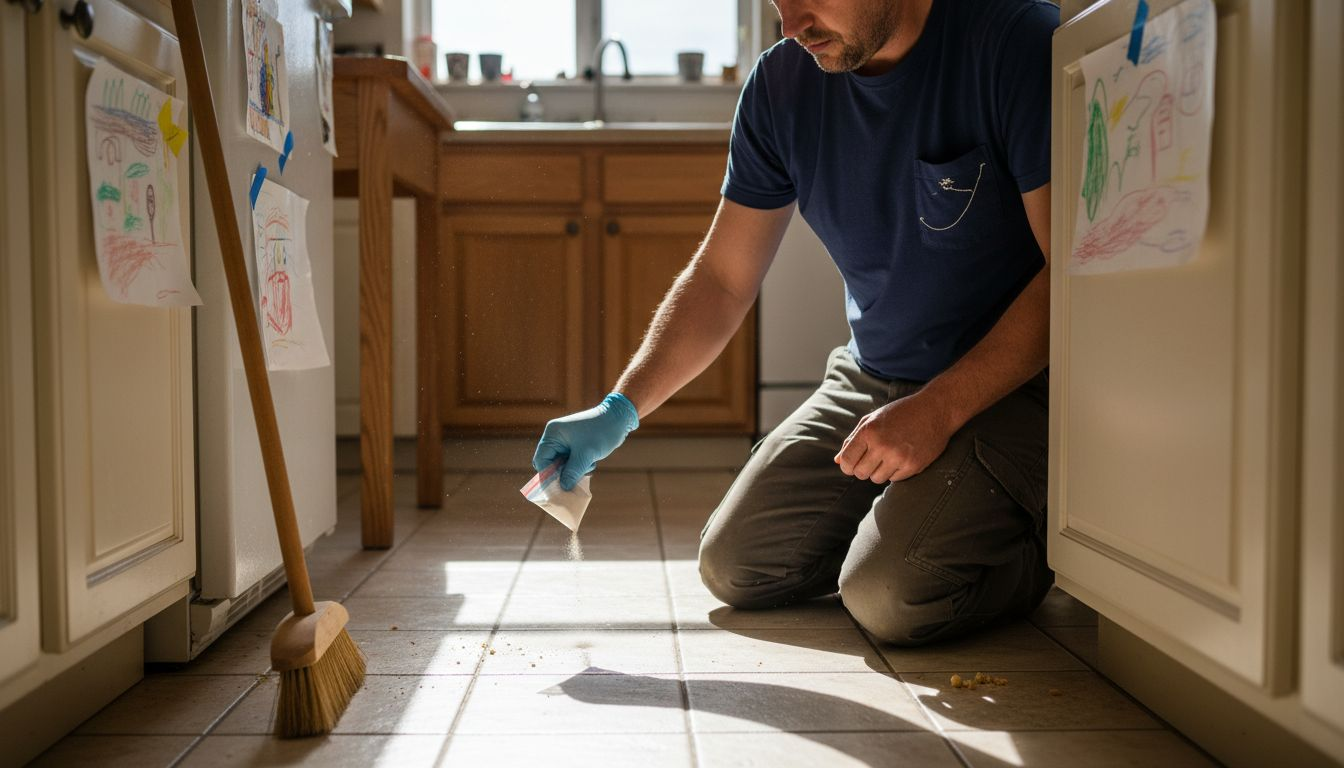 Applying diatomaceous earth along baseboard