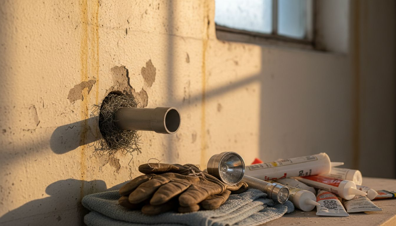 Pipe entry point sealed with steel wool