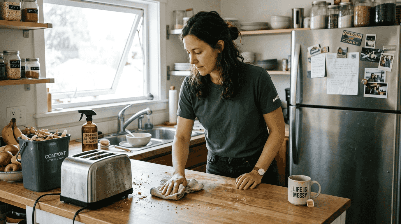 Person cleaning kitchen to prevent pests