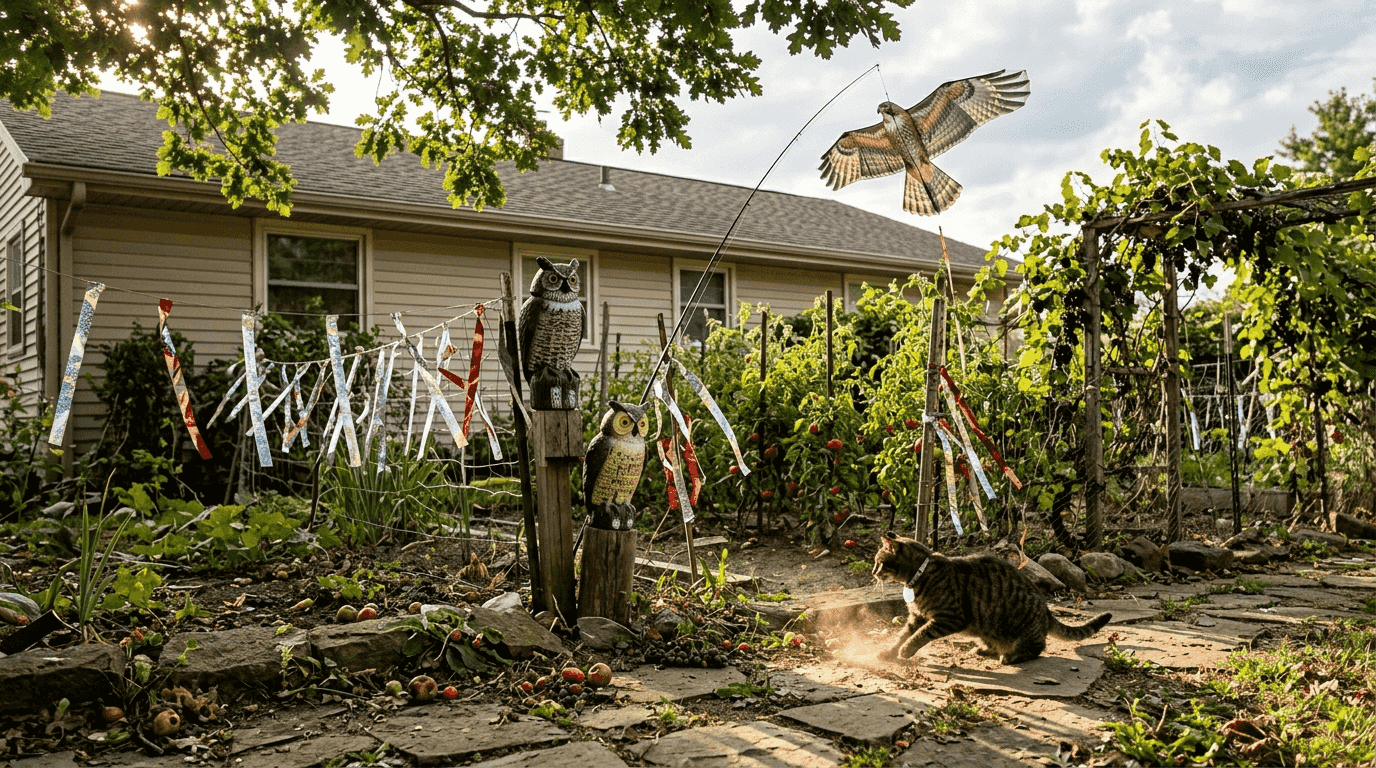 Selection of bird deterrent products in garden