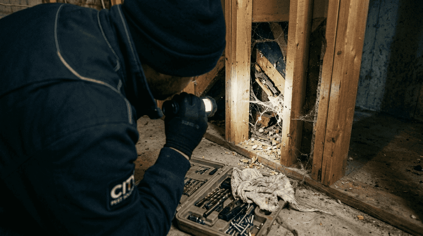 Technician inspecting wall voids for indoor pests