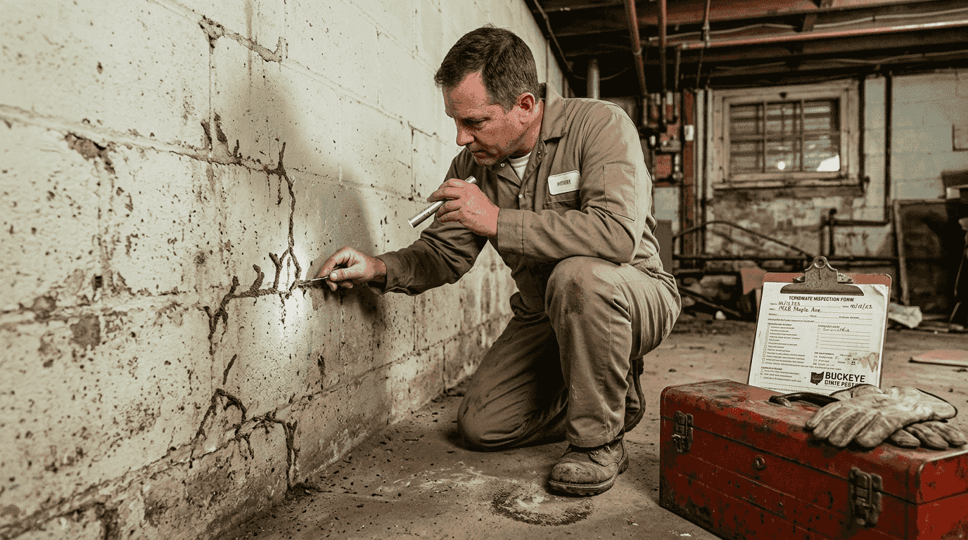 Technician inspects basement wall for termites
