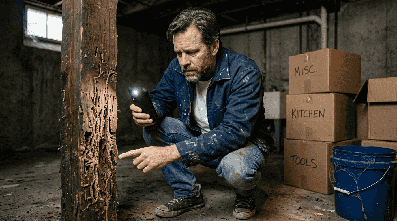 Homeowner checks basement termite damage beams