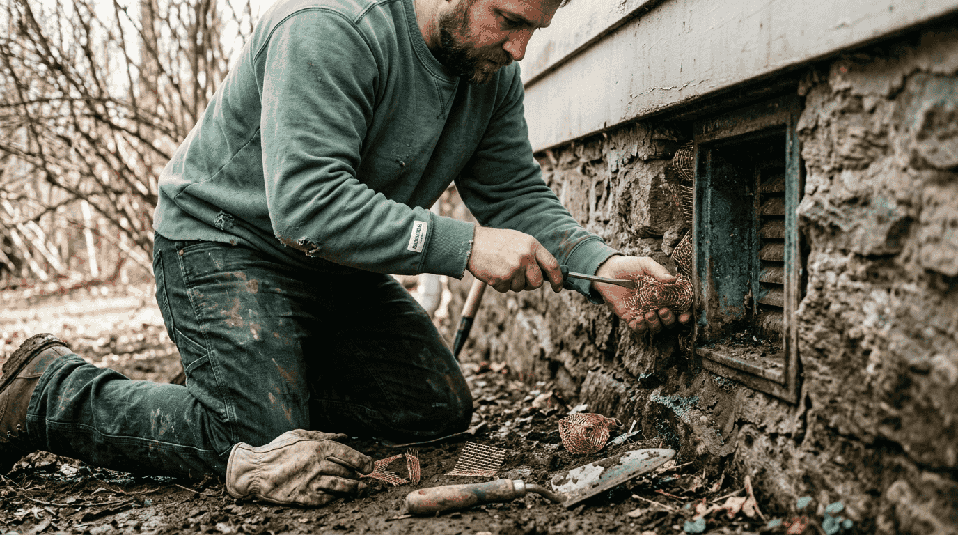 Copper mesh installation on basement vent