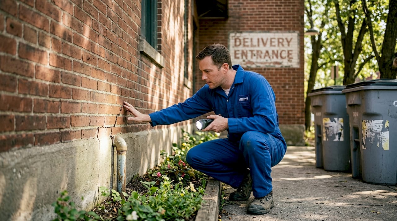 Worker inspects restaurant exterior for pests