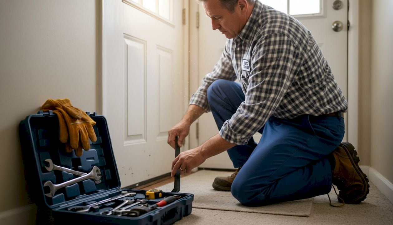 Technician fitting door sweep for pest barrier