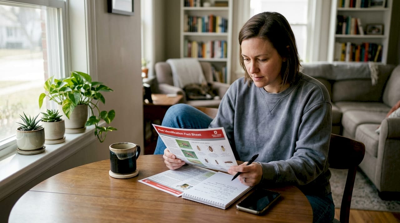 Woman reviews pest education flyer at home