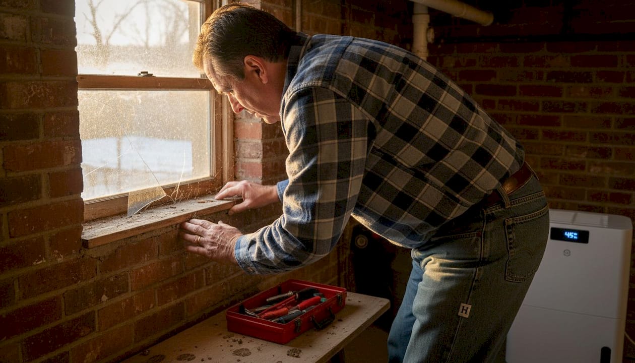 Homeowner inspecting basement for pest entry points