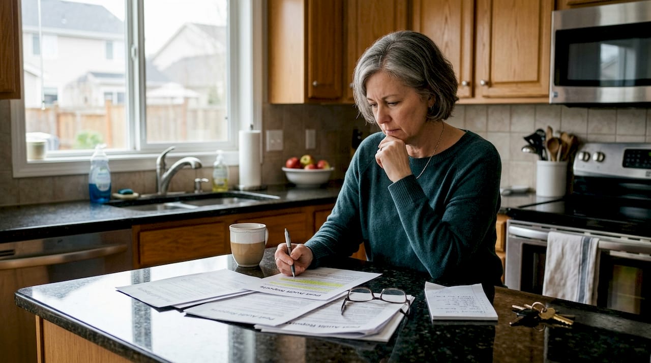 Homeowner reviewing pest audit paperwork in kitchen