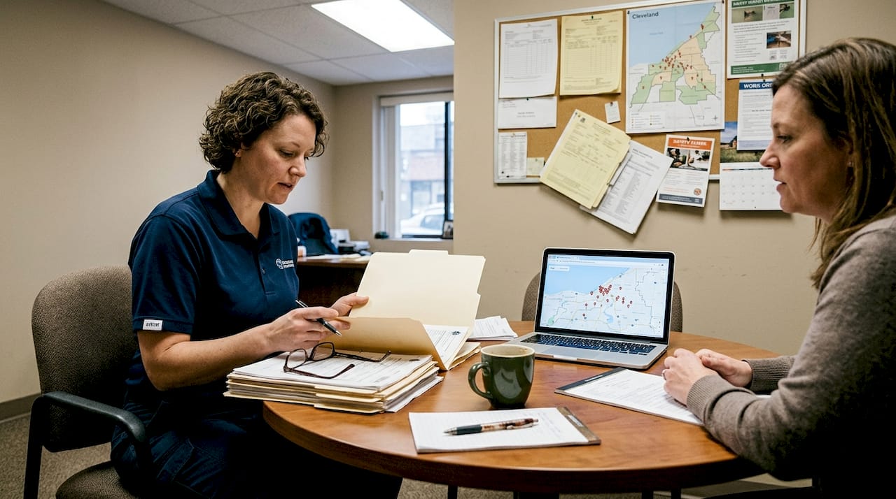 Exterminator reviewing pest control options with client