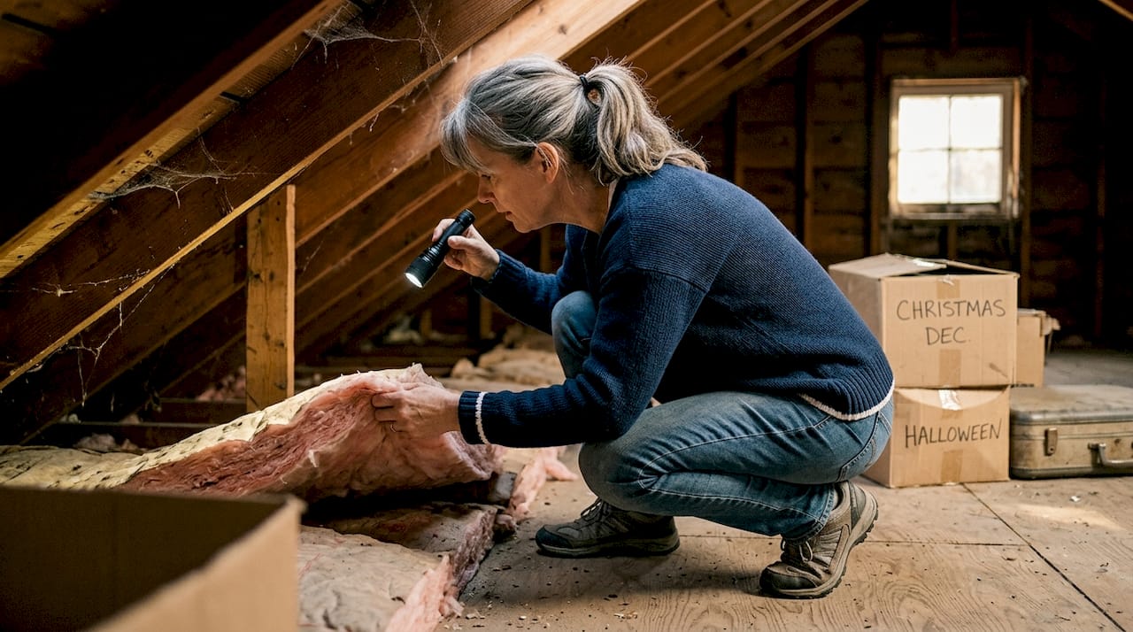 Homeowner searching attic for pest signs