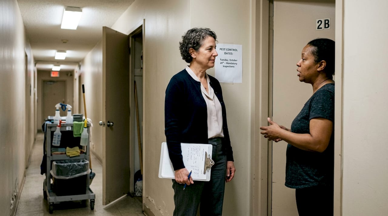 Property manager calmly discusses pest issues with tenant