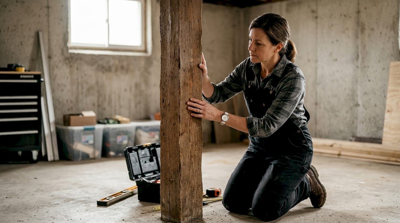 Owner inspecting crawl space wood for termites