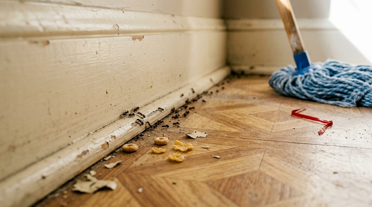 Pavement ants in trail along kitchen baseboard