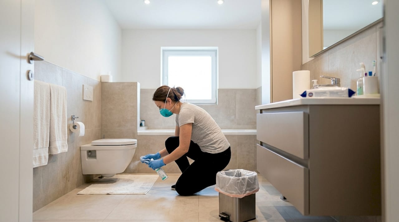Woman safely cleaning rodent-affected bathroom