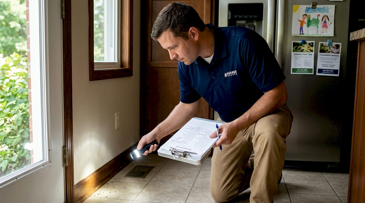 Exterminator inspecting kitchen for pest entry