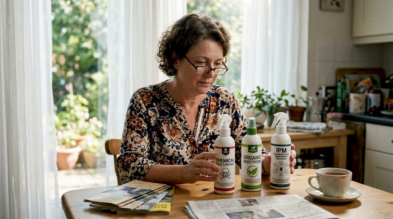 Homeowner comparing bug spray choices at table