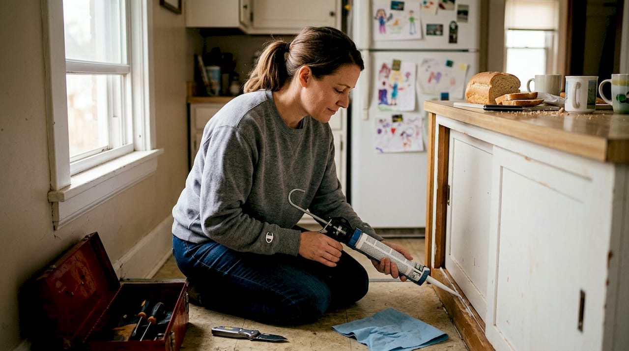 Homeowner sealing kitchen gap to block rodents
